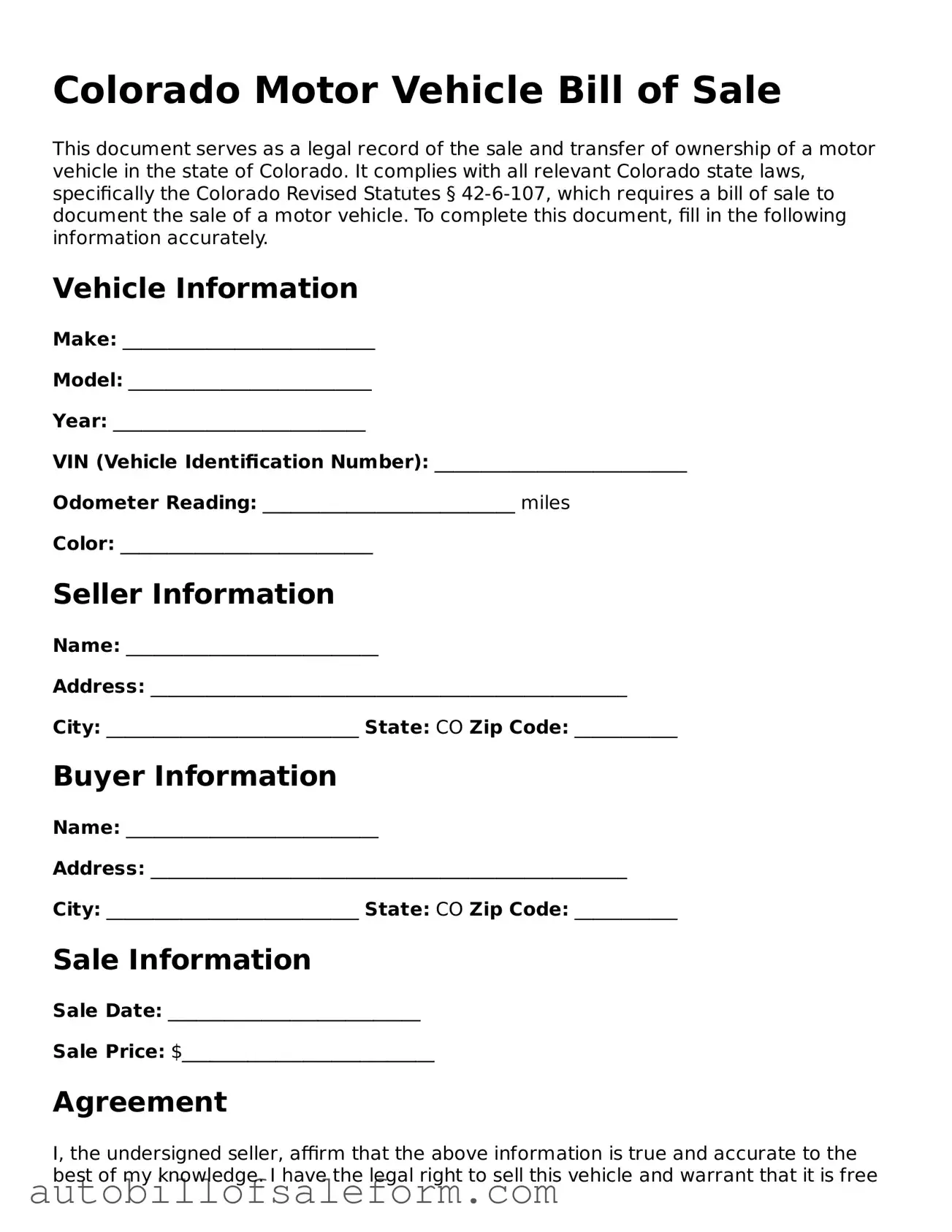 Free  Motor Vehicle Bill of Sale Template for Colorado