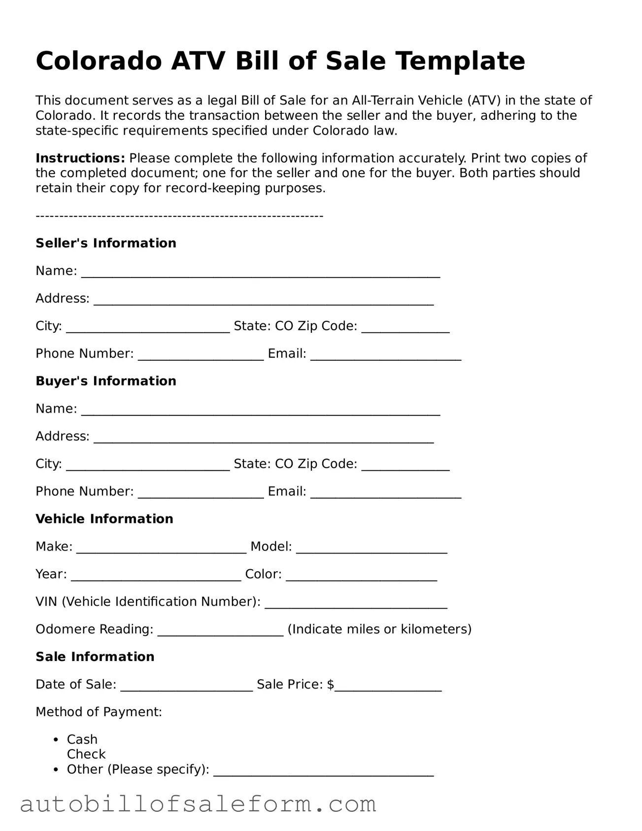 Free  ATV Bill of Sale Template for Colorado