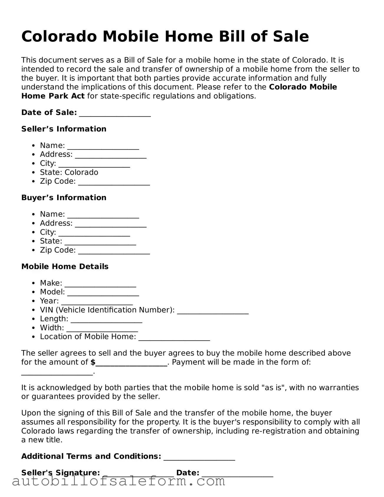 Free  Mobile Home Bill of Sale Template for Colorado