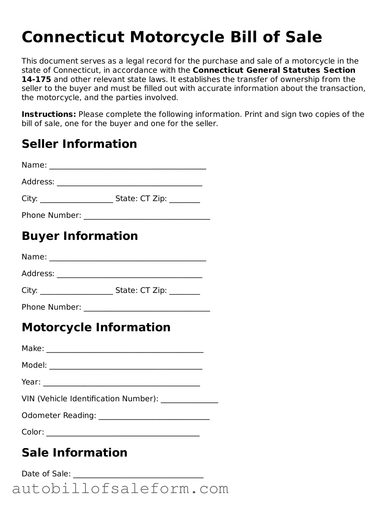 Free  Motorcycle Bill of Sale Template for Connecticut