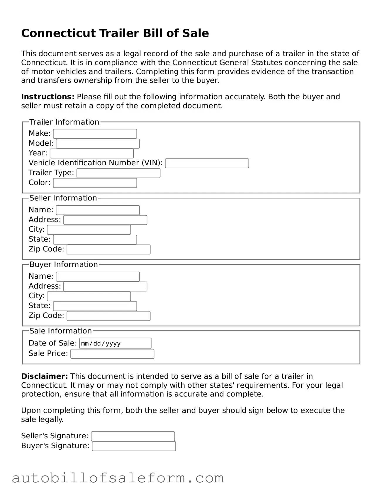 Free  Trailer Bill of Sale Template for Connecticut
