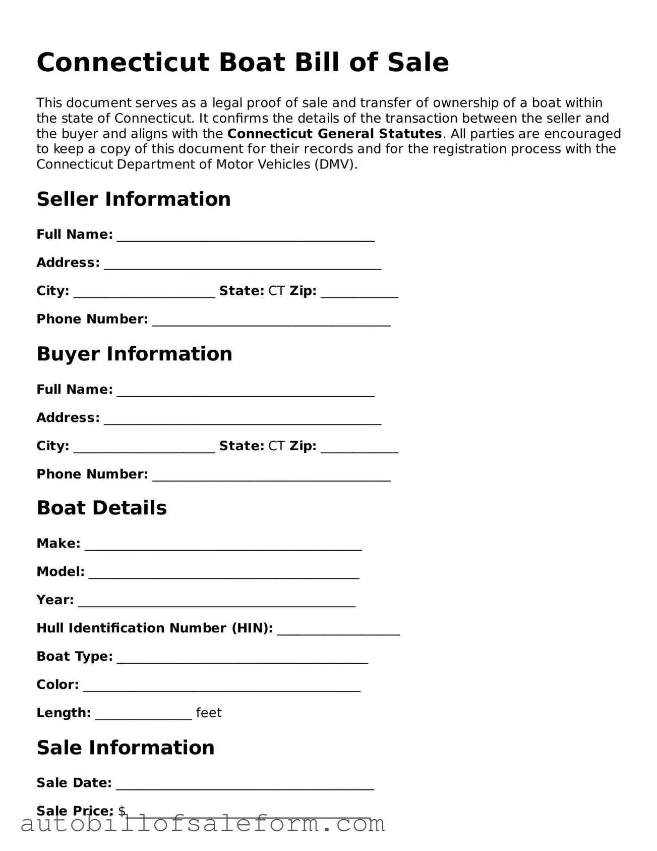 Free  Boat Bill of Sale Template for Connecticut