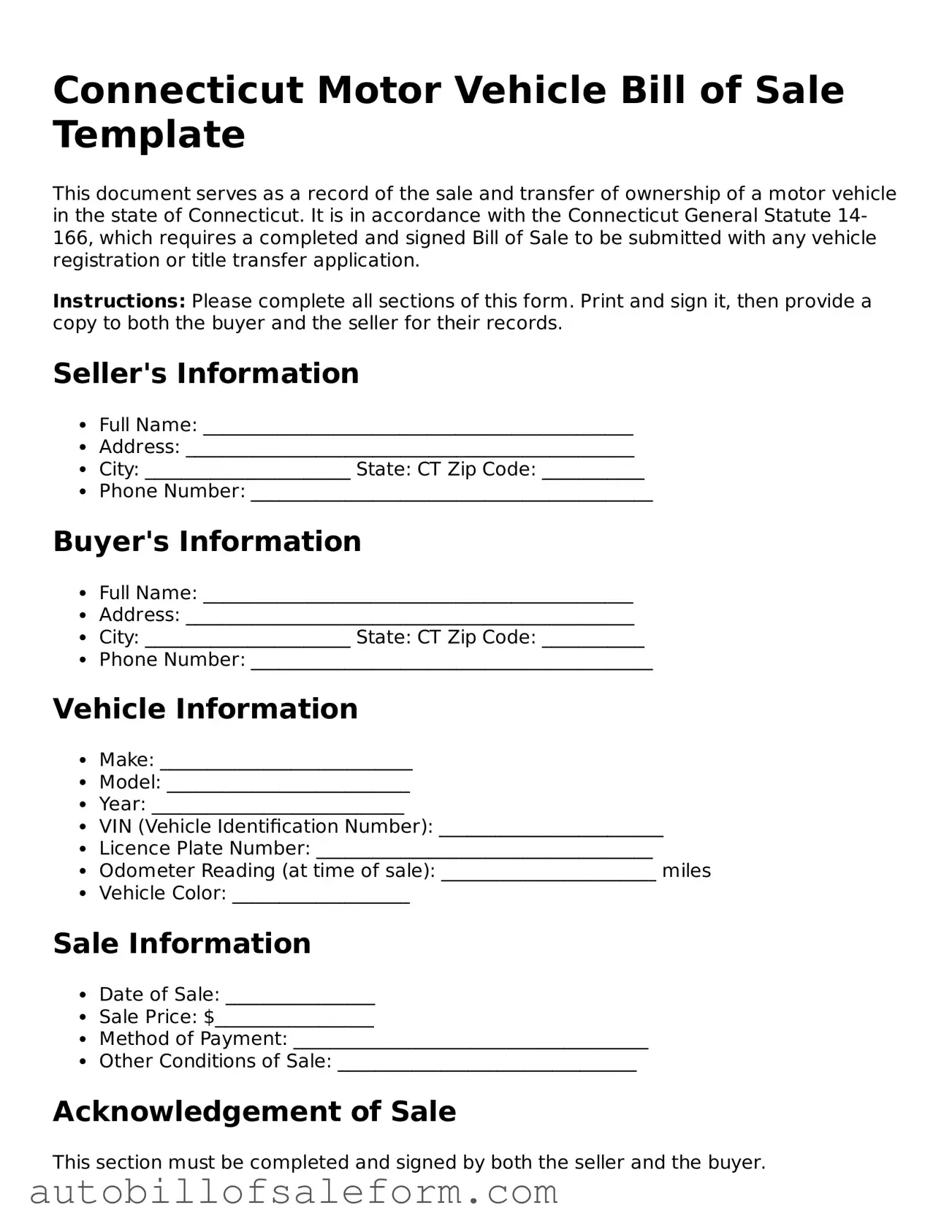 Free  Motor Vehicle Bill of Sale Template for Connecticut