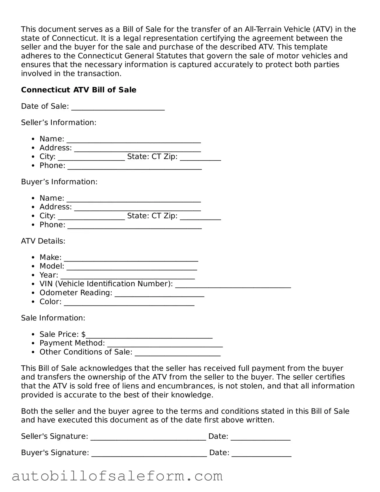 Free  ATV Bill of Sale Template for Connecticut