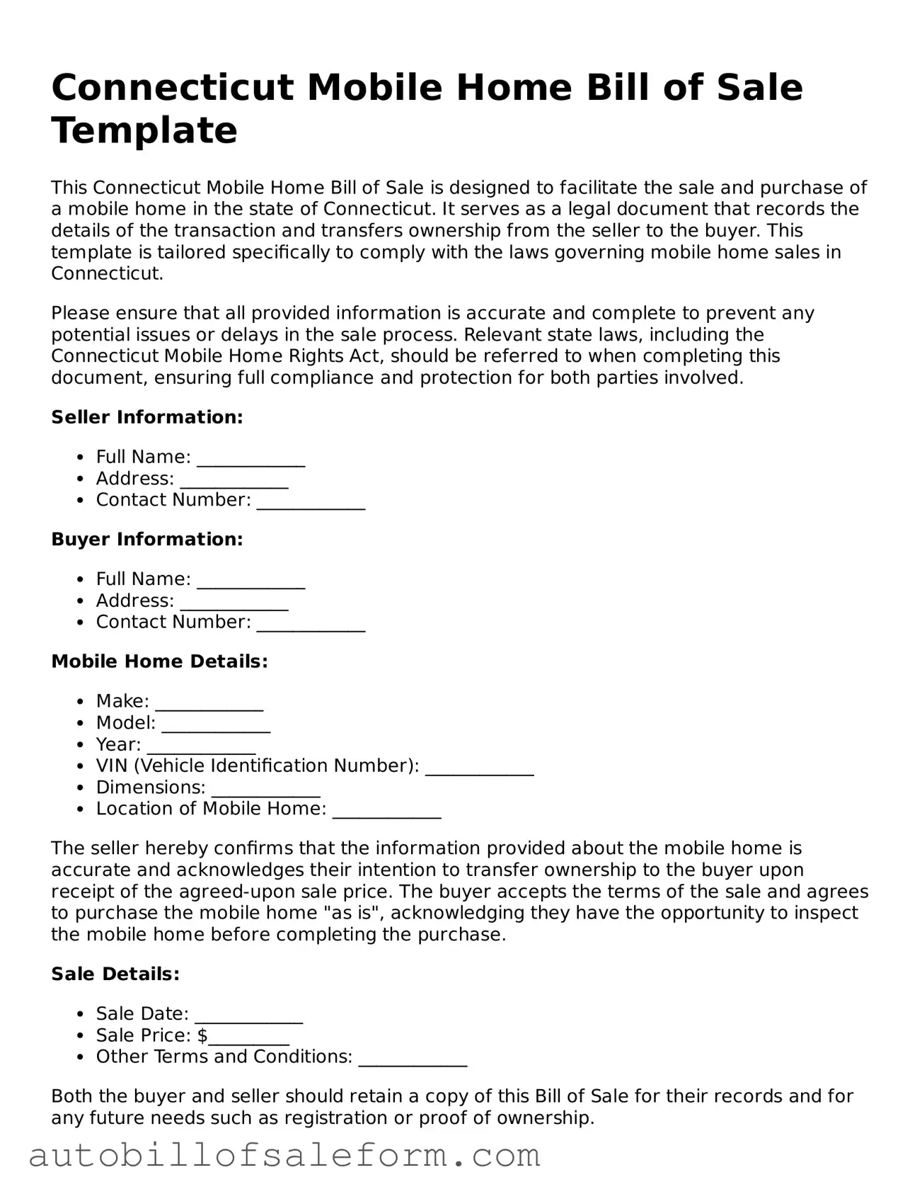 Free  Mobile Home Bill of Sale Template for Connecticut