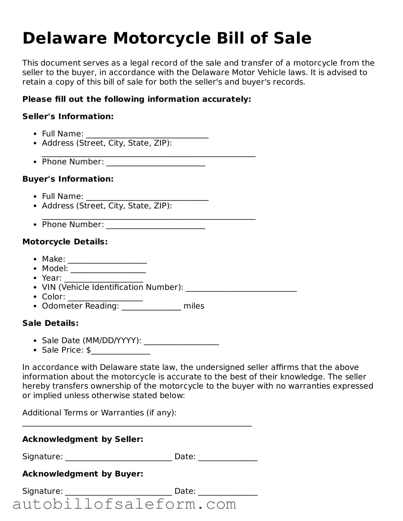 Free  Motorcycle Bill of Sale Template for Delaware