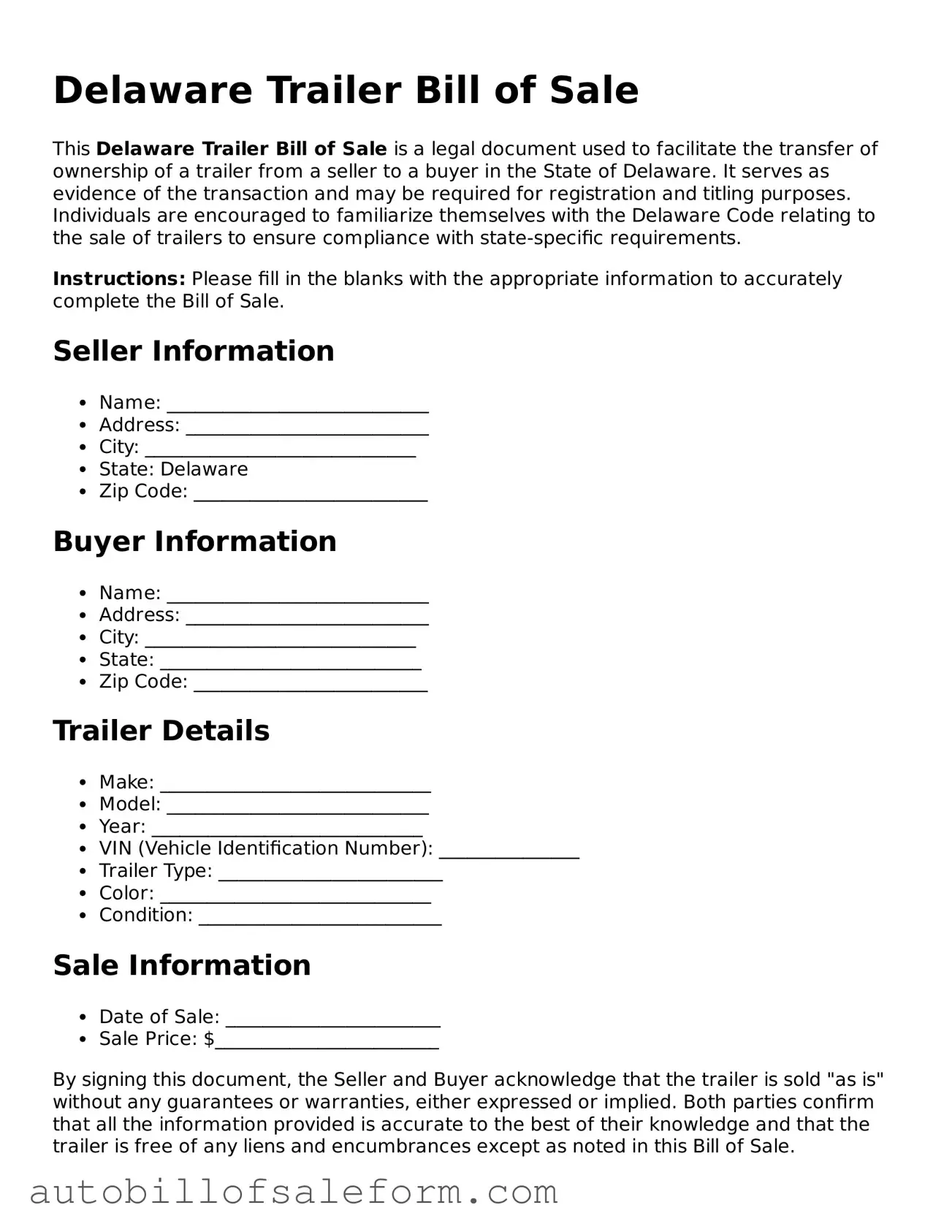 Free  Trailer Bill of Sale Template for Delaware