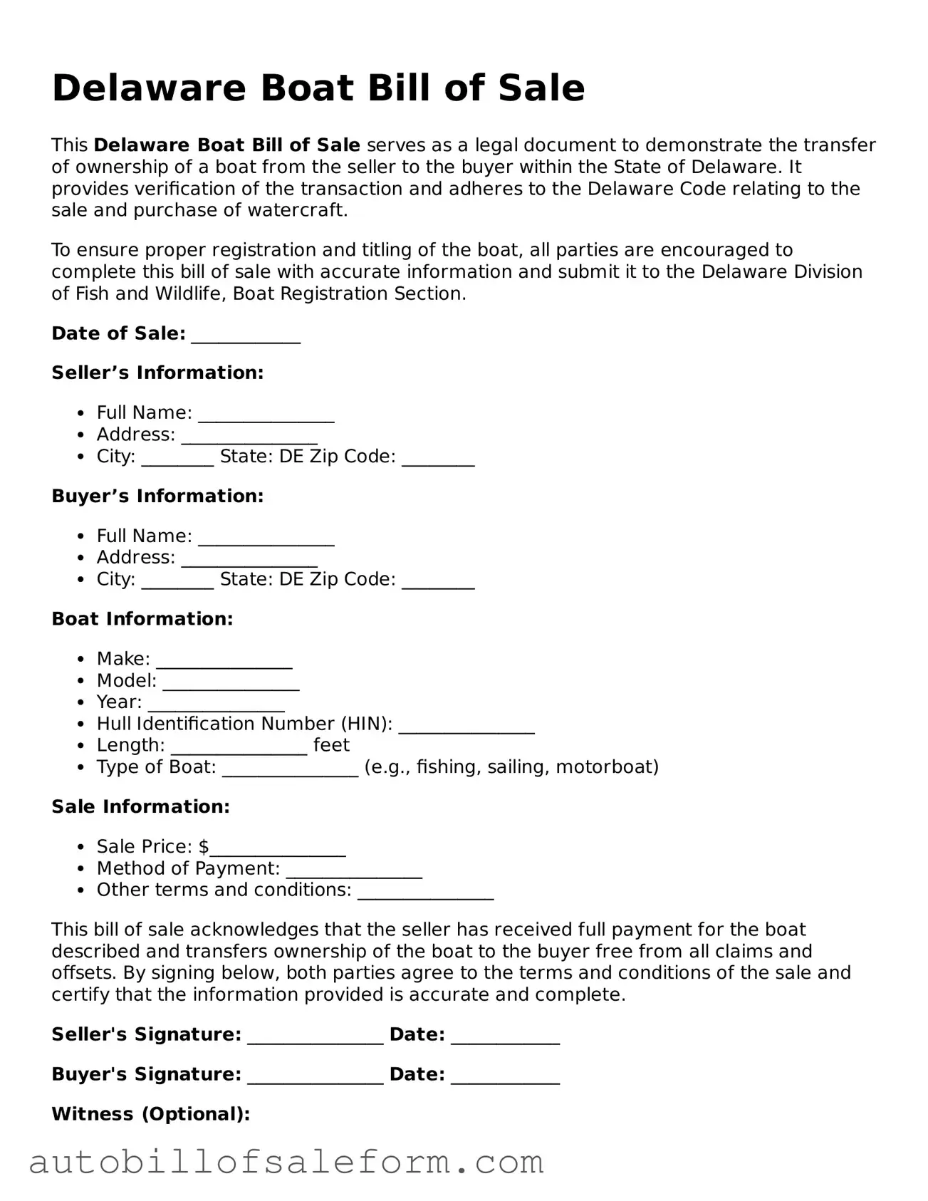Free  Boat Bill of Sale Template for Delaware