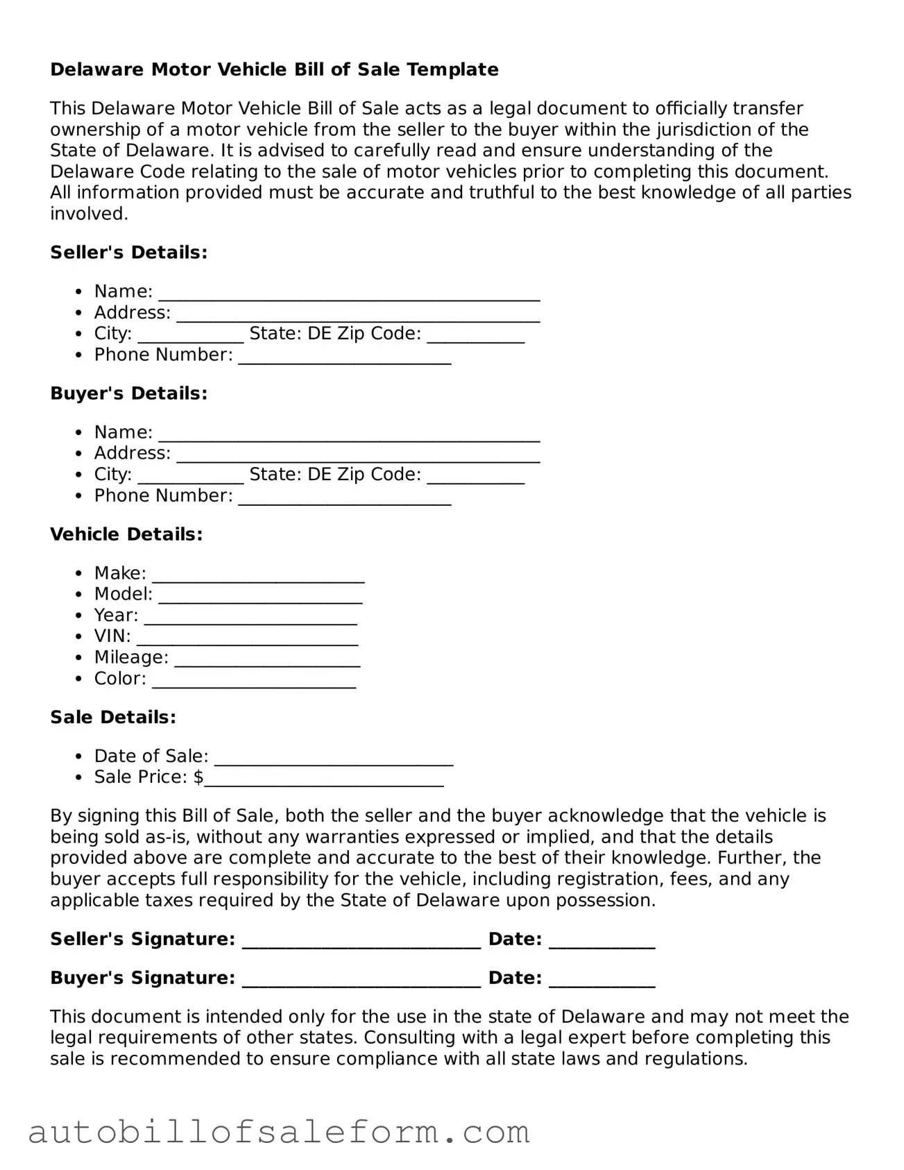 Free  Motor Vehicle Bill of Sale Template for Delaware