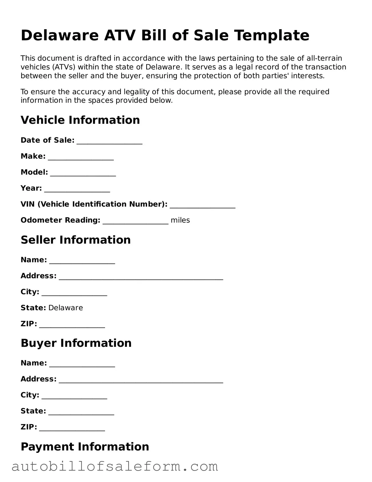 Free  ATV Bill of Sale Template for Delaware