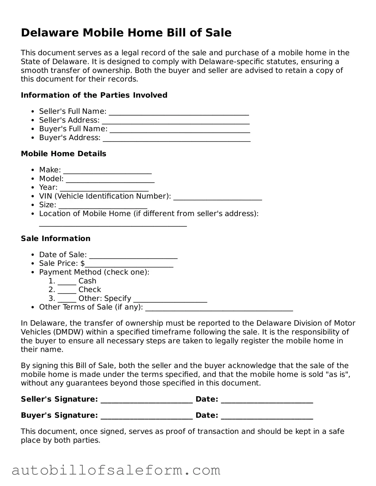 Free  Mobile Home Bill of Sale Template for Delaware