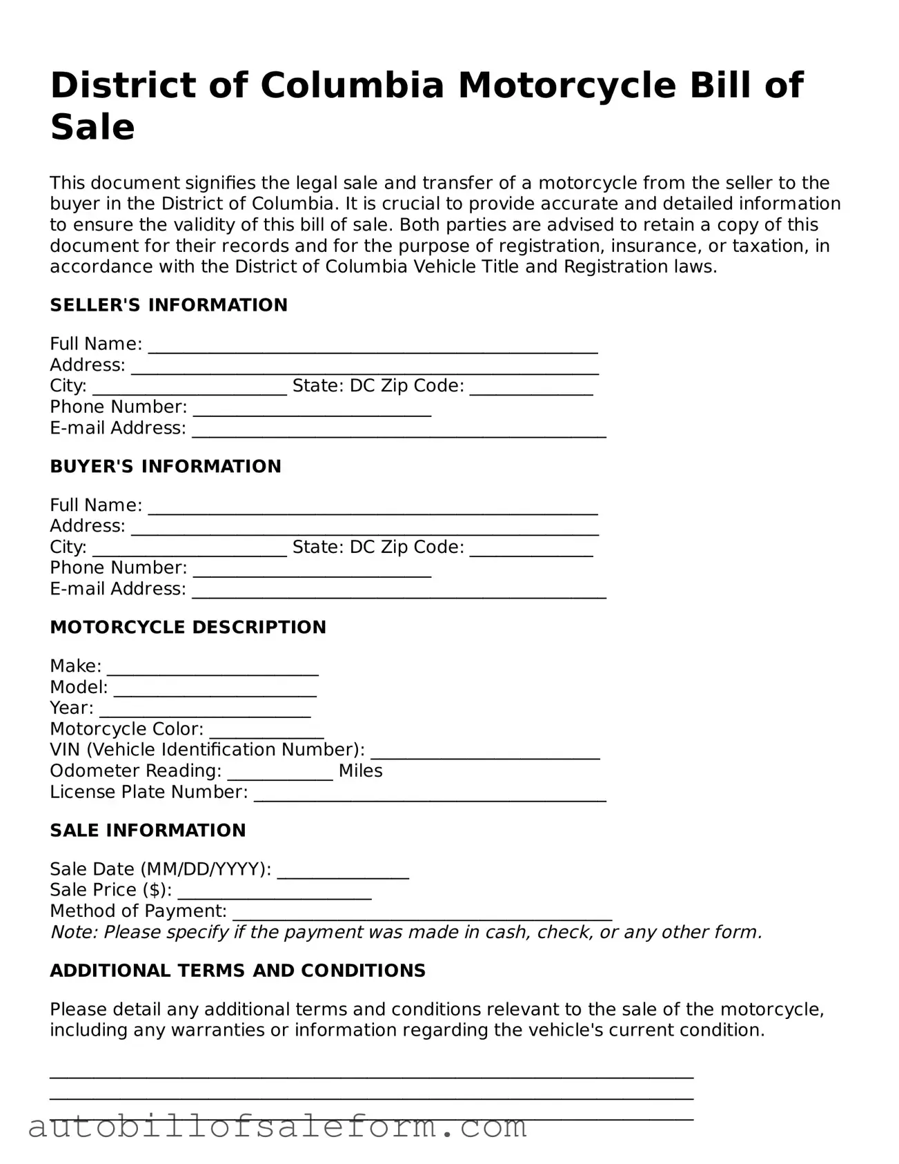 Free  Motorcycle Bill of Sale Template for District of Columbia