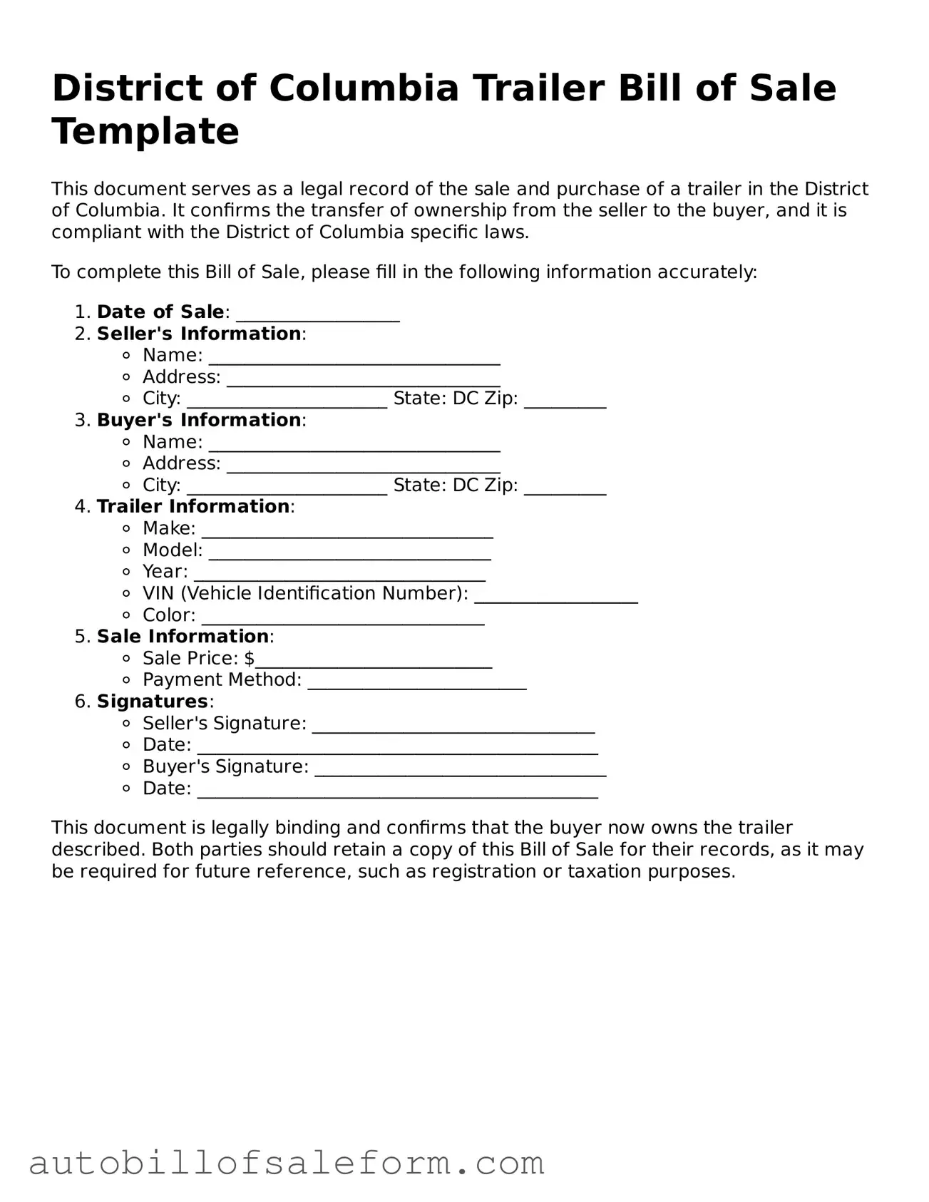 Free  Trailer Bill of Sale Template for District of Columbia
