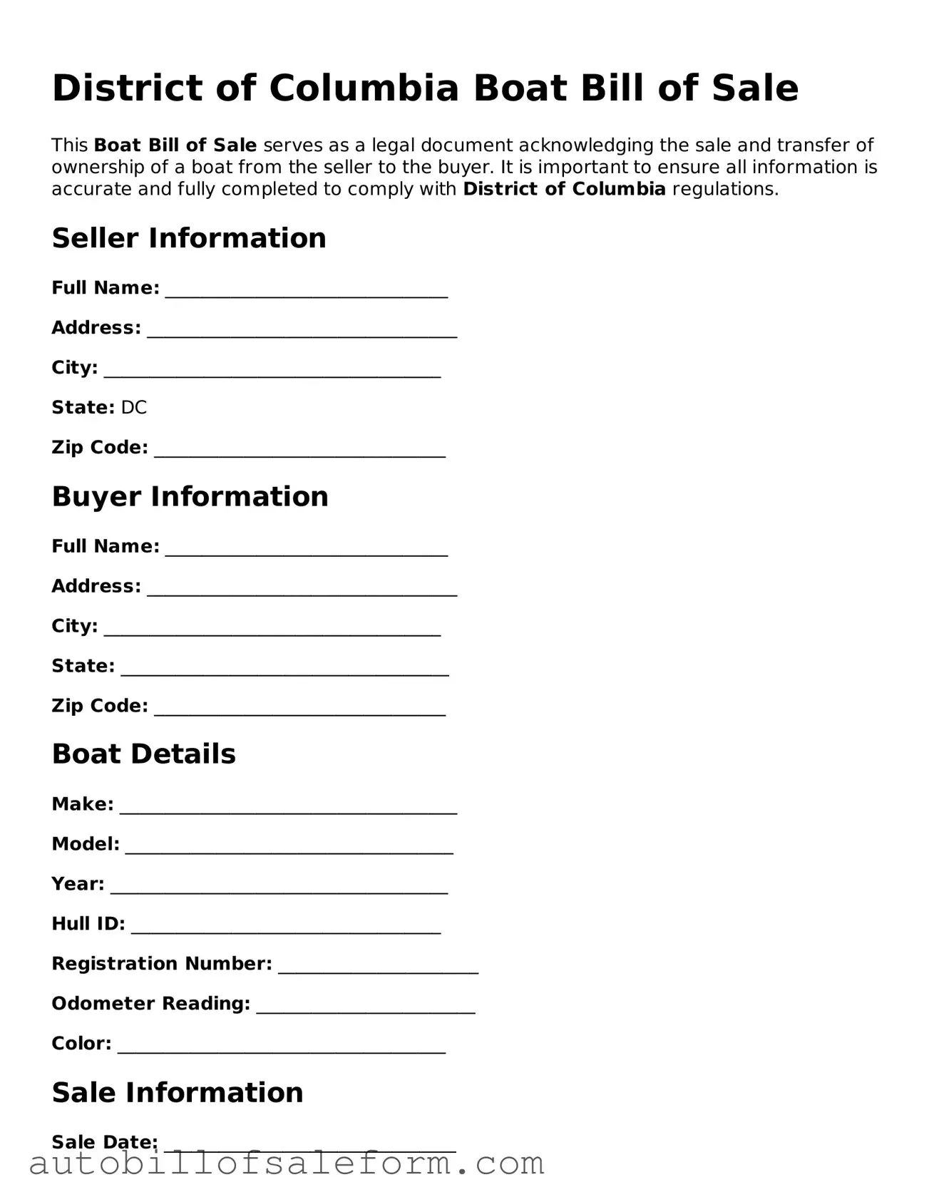 Free  Boat Bill of Sale Template for District of Columbia