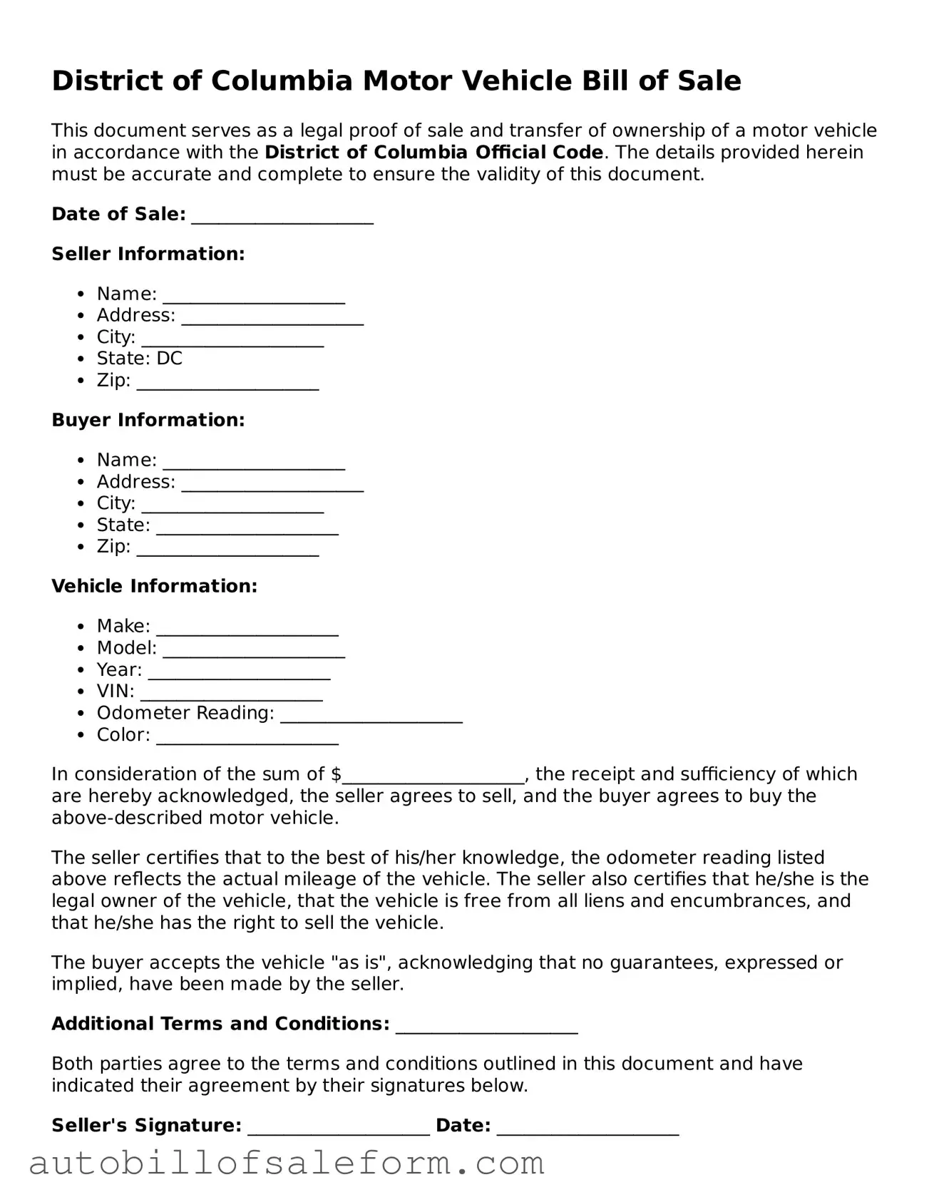 Free  Motor Vehicle Bill of Sale Template for District of Columbia