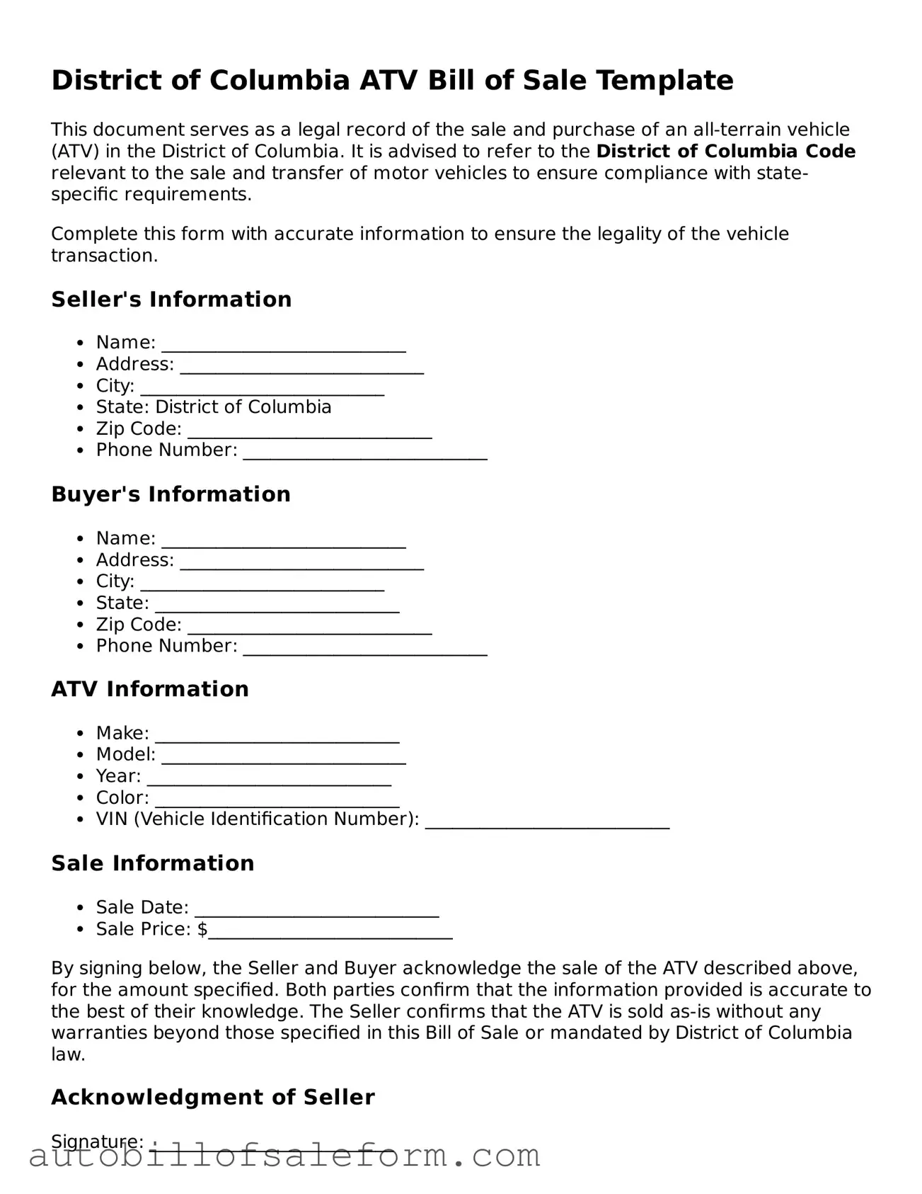 Free  ATV Bill of Sale Template for District of Columbia