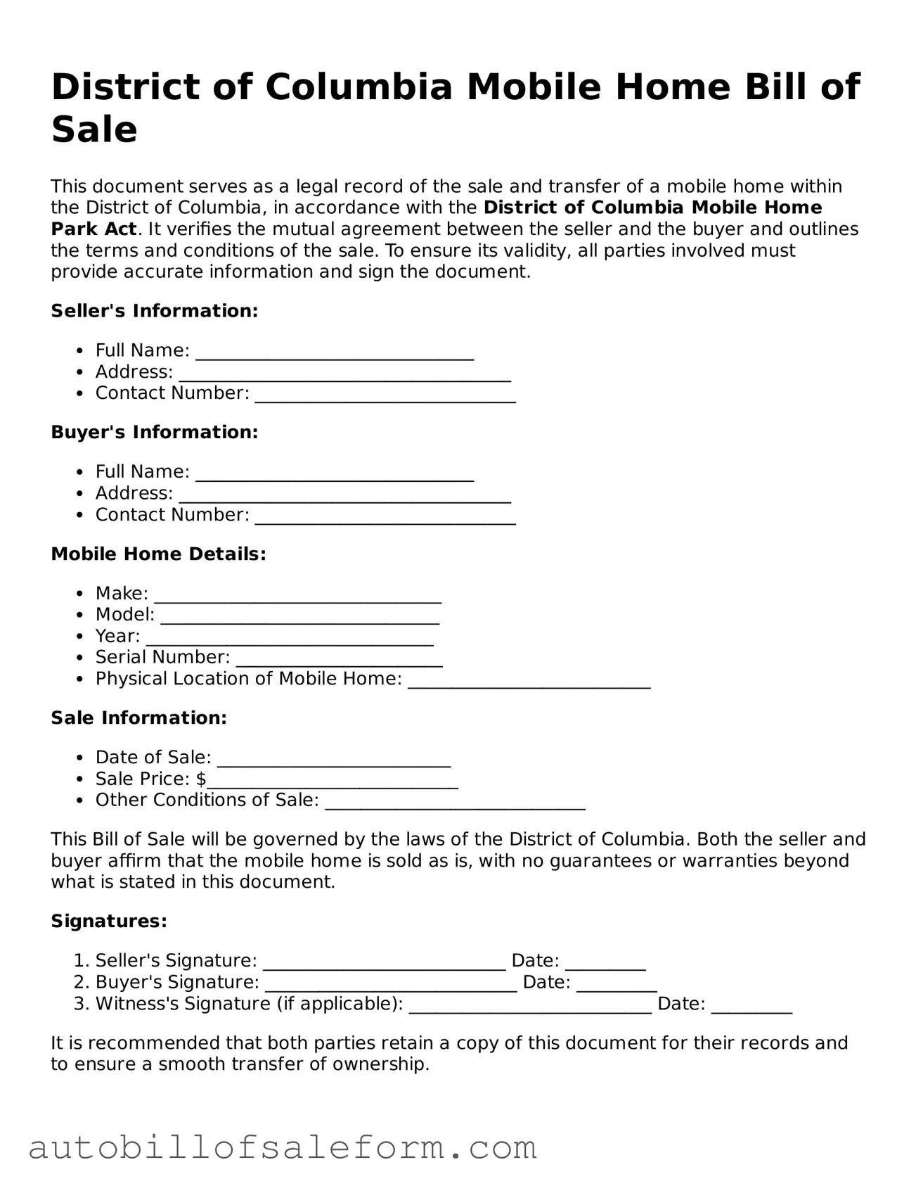 Free  Mobile Home Bill of Sale Template for District of Columbia