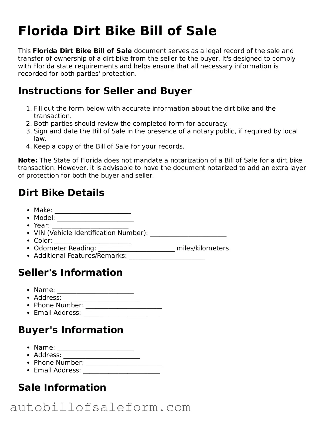 Free  Dirt Bike Bill of Sale Template for Florida