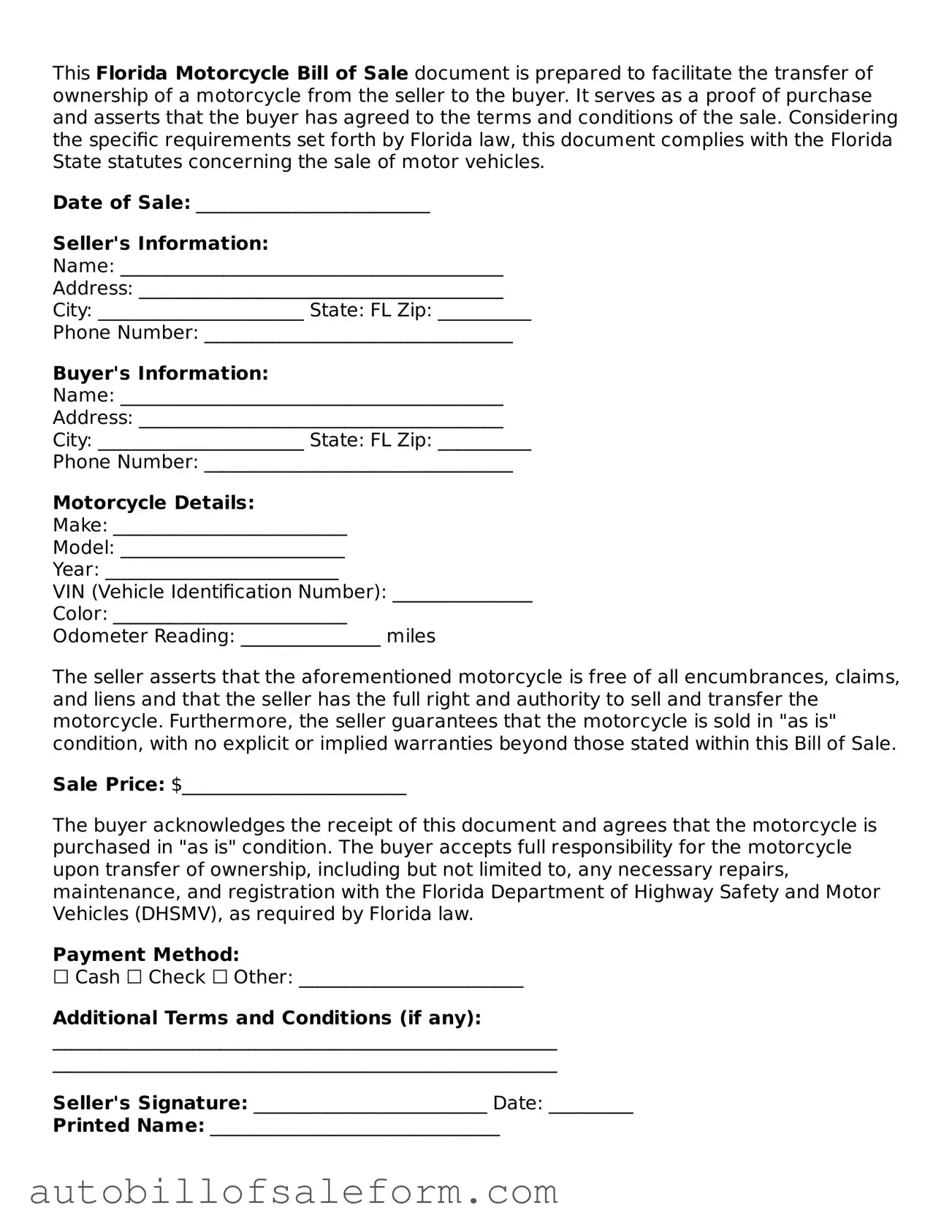 Free  Motorcycle Bill of Sale Template for Florida