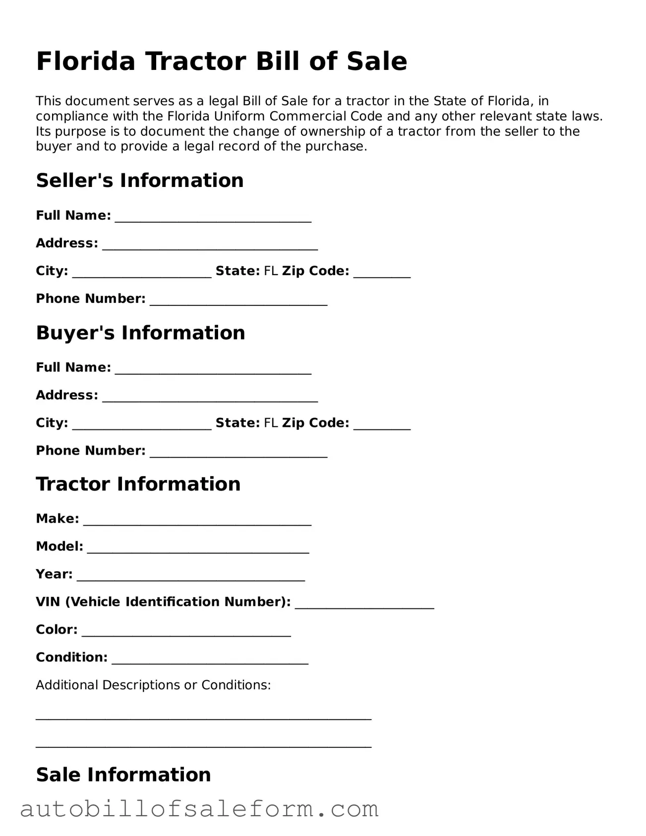 Free  Tractor Bill of Sale Template for Florida