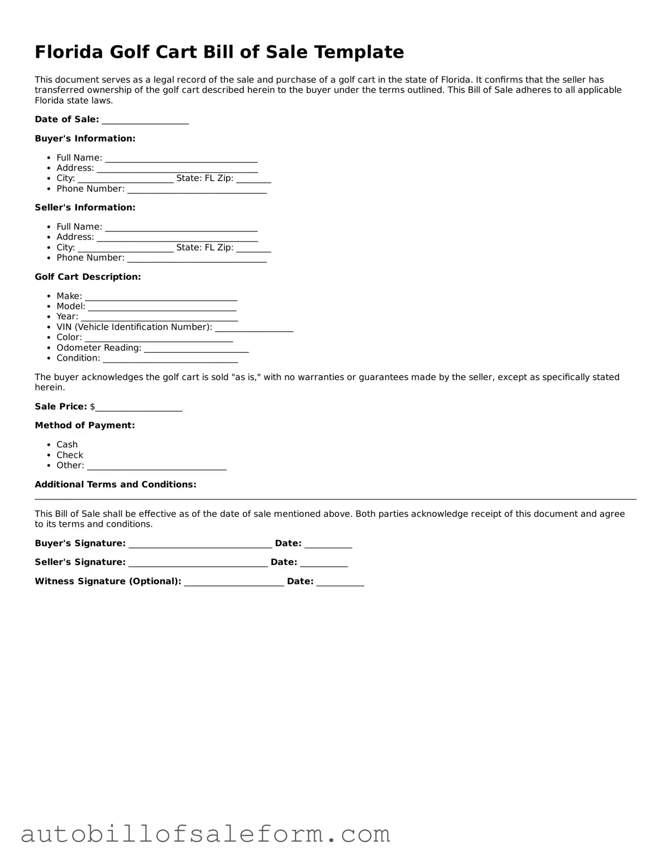 Free  Golf Cart Bill of Sale Template for Florida