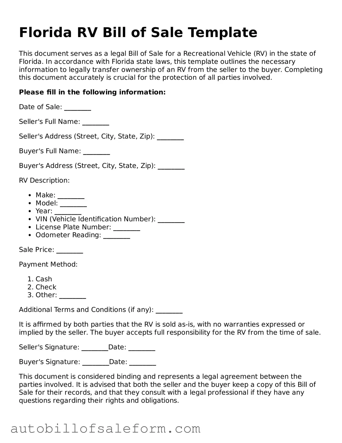 Free  RV Bill of Sale Template for Florida