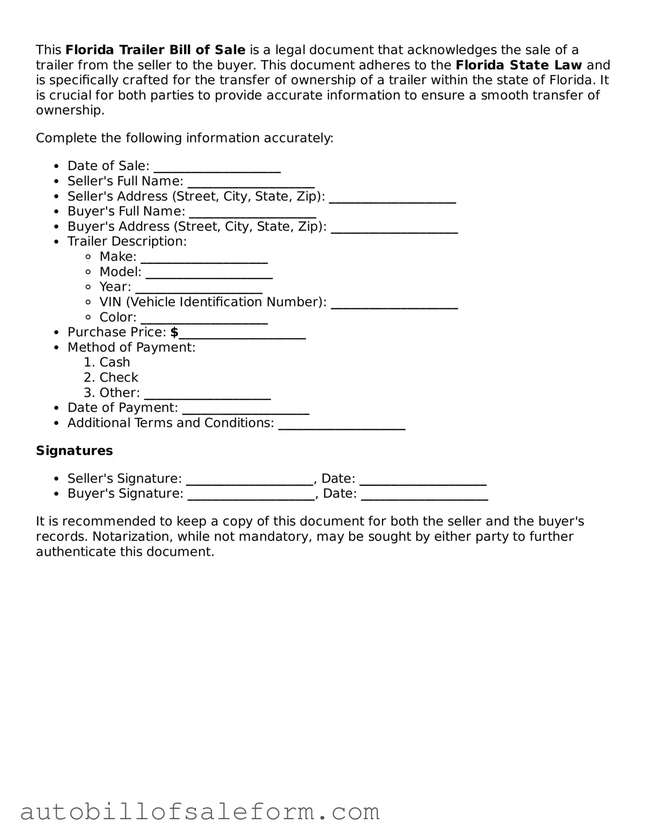 Free  Trailer Bill of Sale Template for Florida