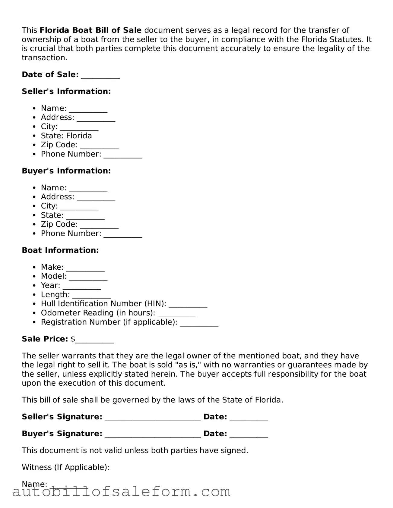 Free  Boat Bill of Sale Template for Florida