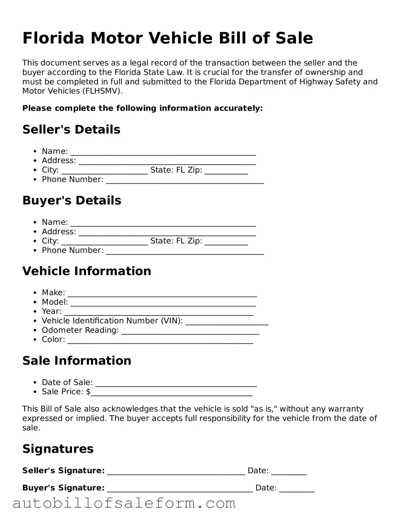 Free  Motor Vehicle Bill of Sale Template for Florida