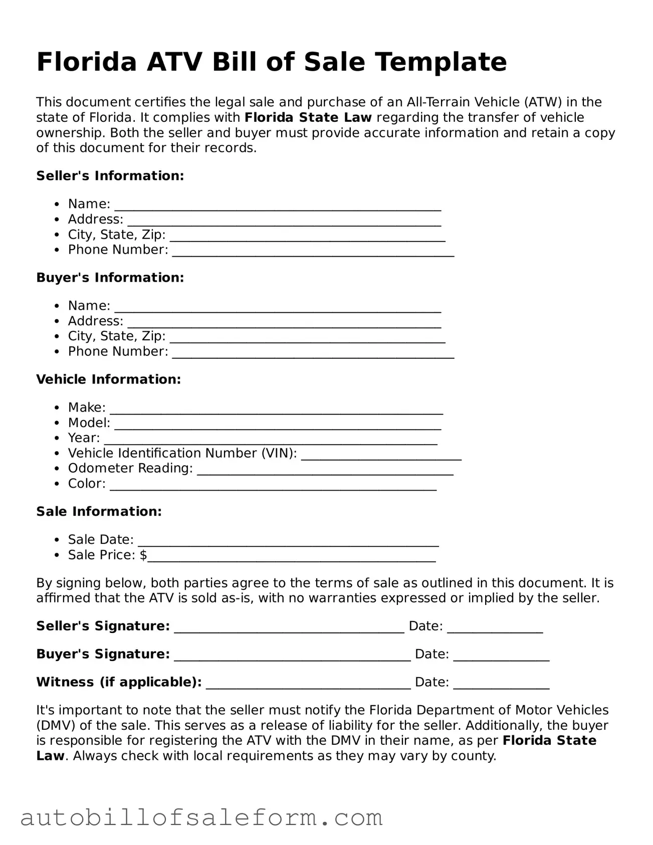 Free  ATV Bill of Sale Template for Florida