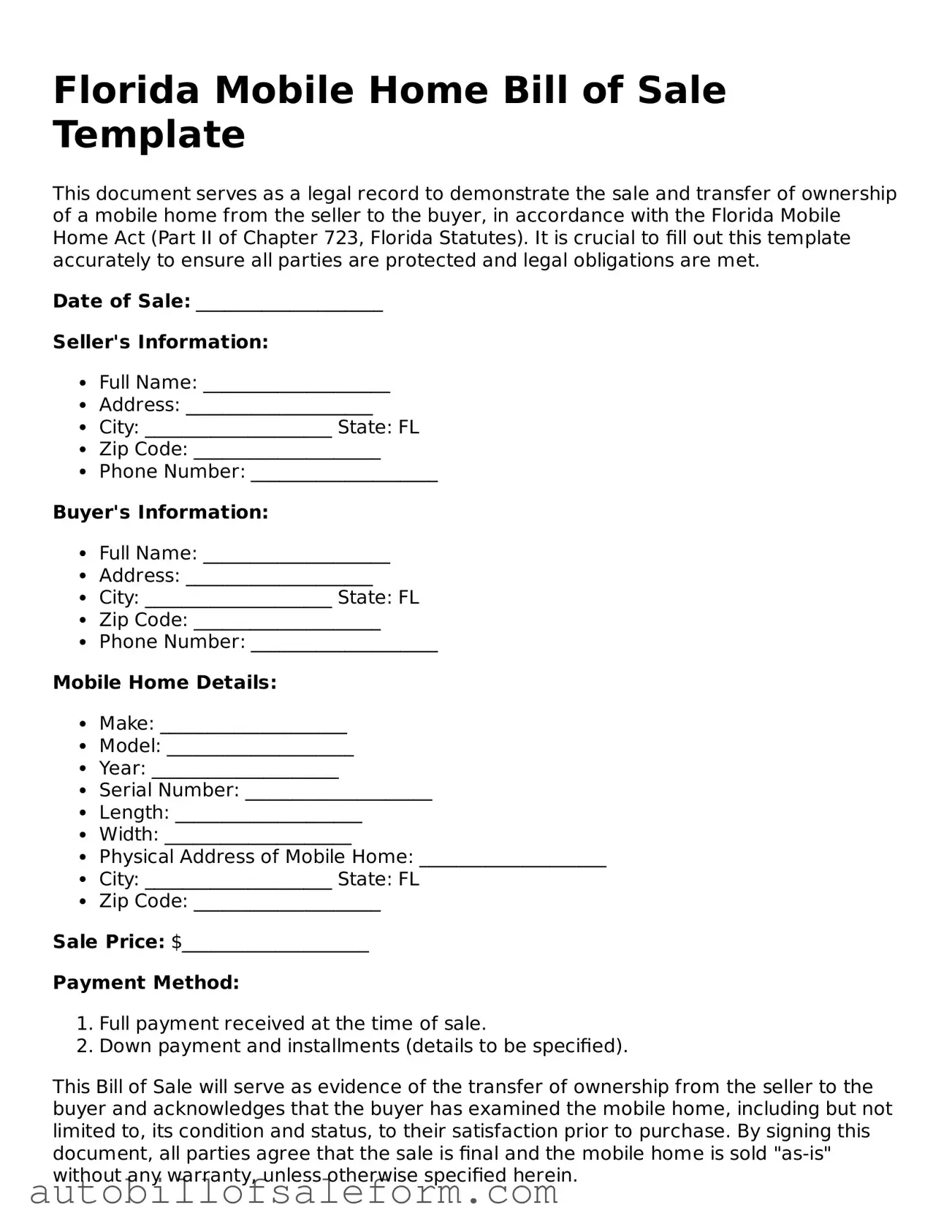 Free  Mobile Home Bill of Sale Template for Florida