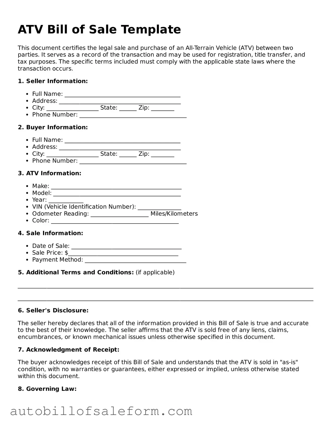 Legal ATV Bill of Sale Form