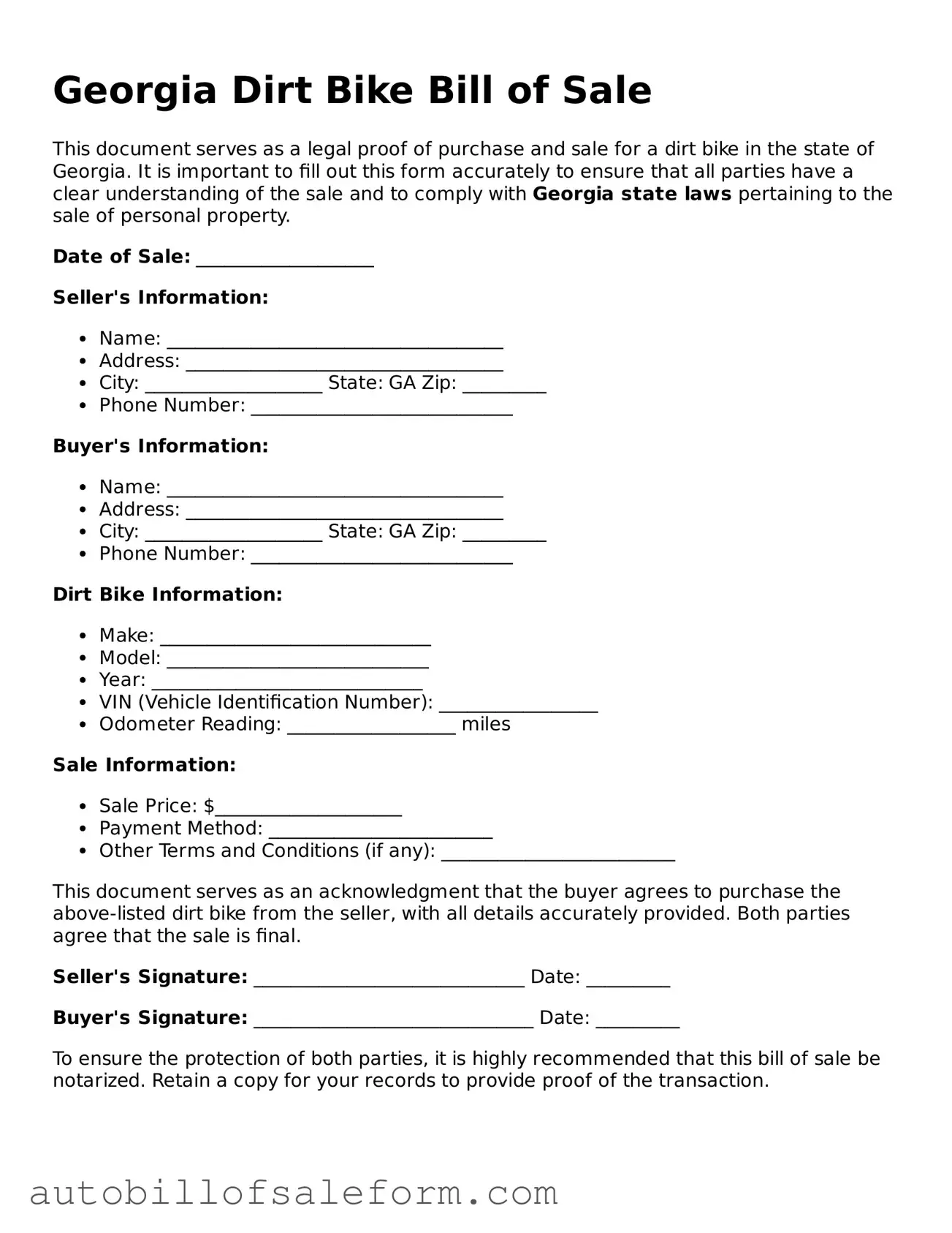 Free  Dirt Bike Bill of Sale Template for Georgia