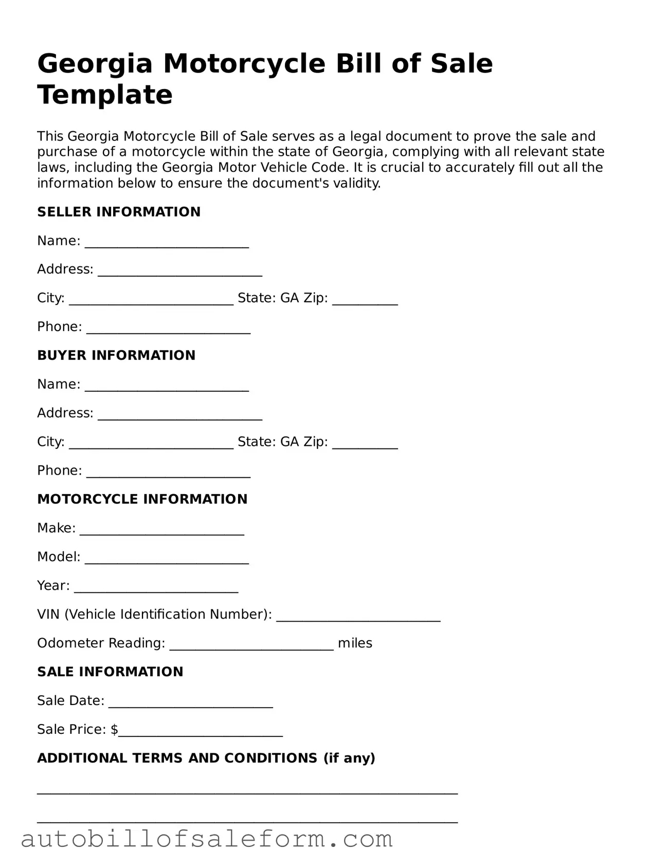Free  Motorcycle Bill of Sale Template for Georgia