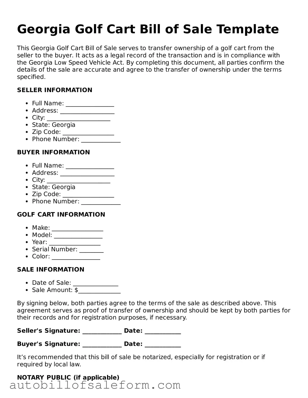 Free  Golf Cart Bill of Sale Template for Georgia