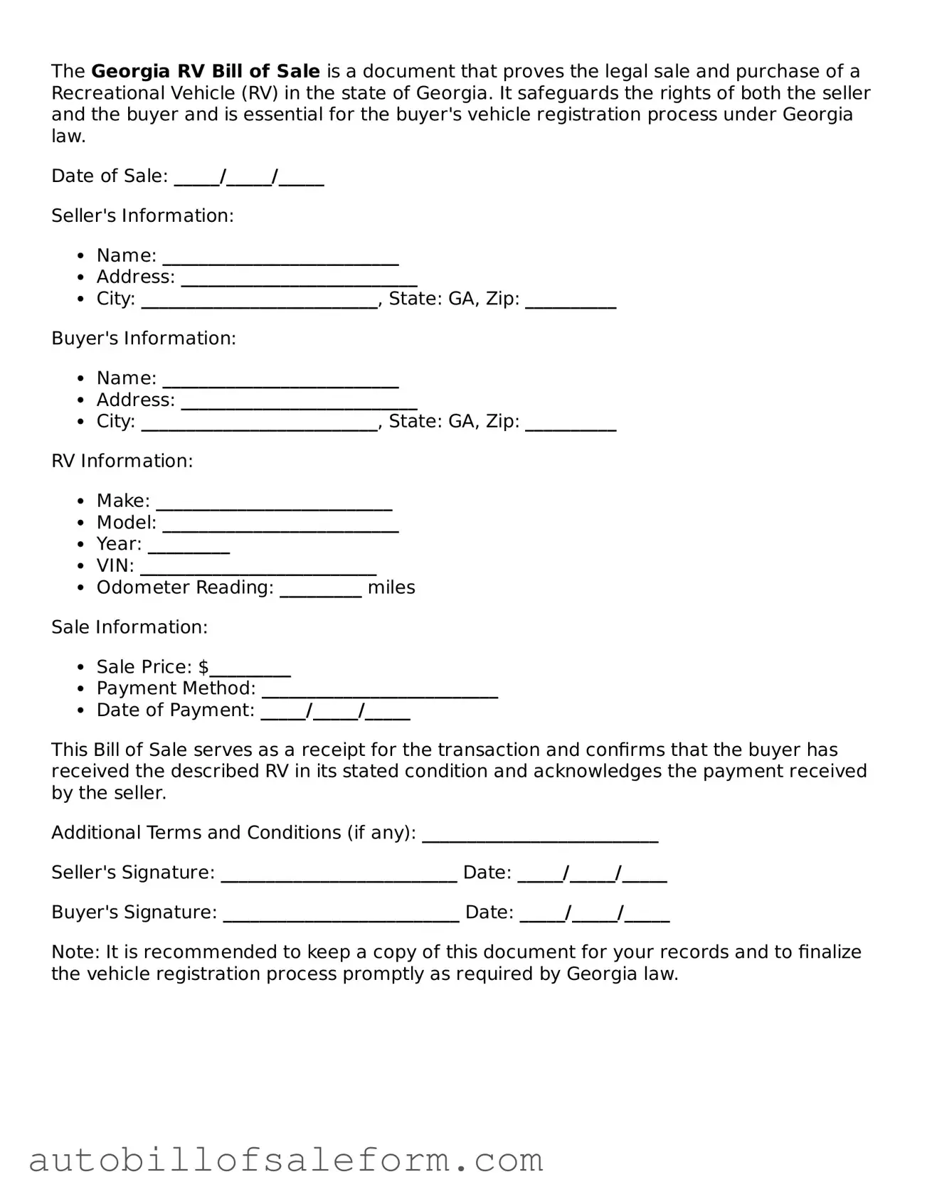 Free  RV Bill of Sale Template for Georgia
