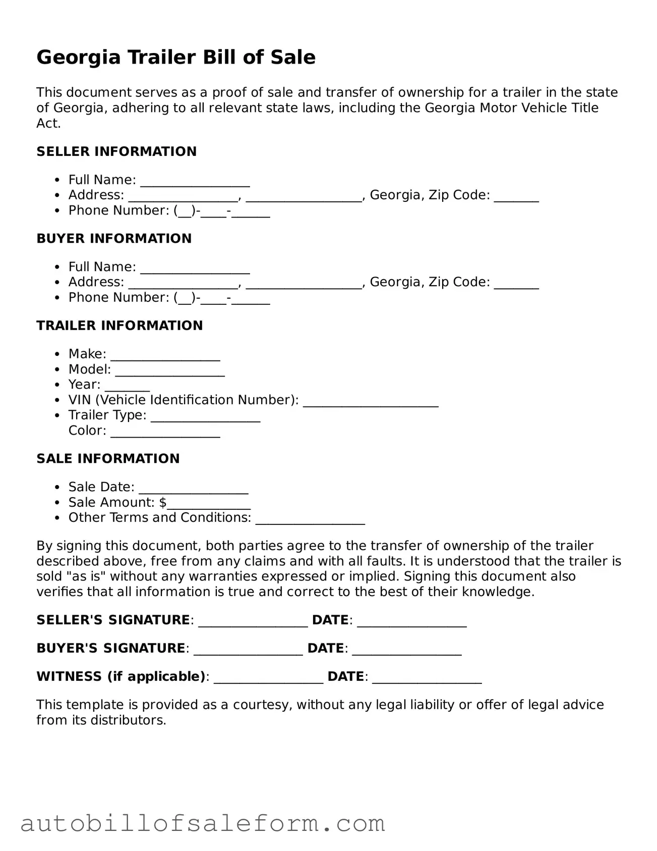 Free  Trailer Bill of Sale Template for Georgia