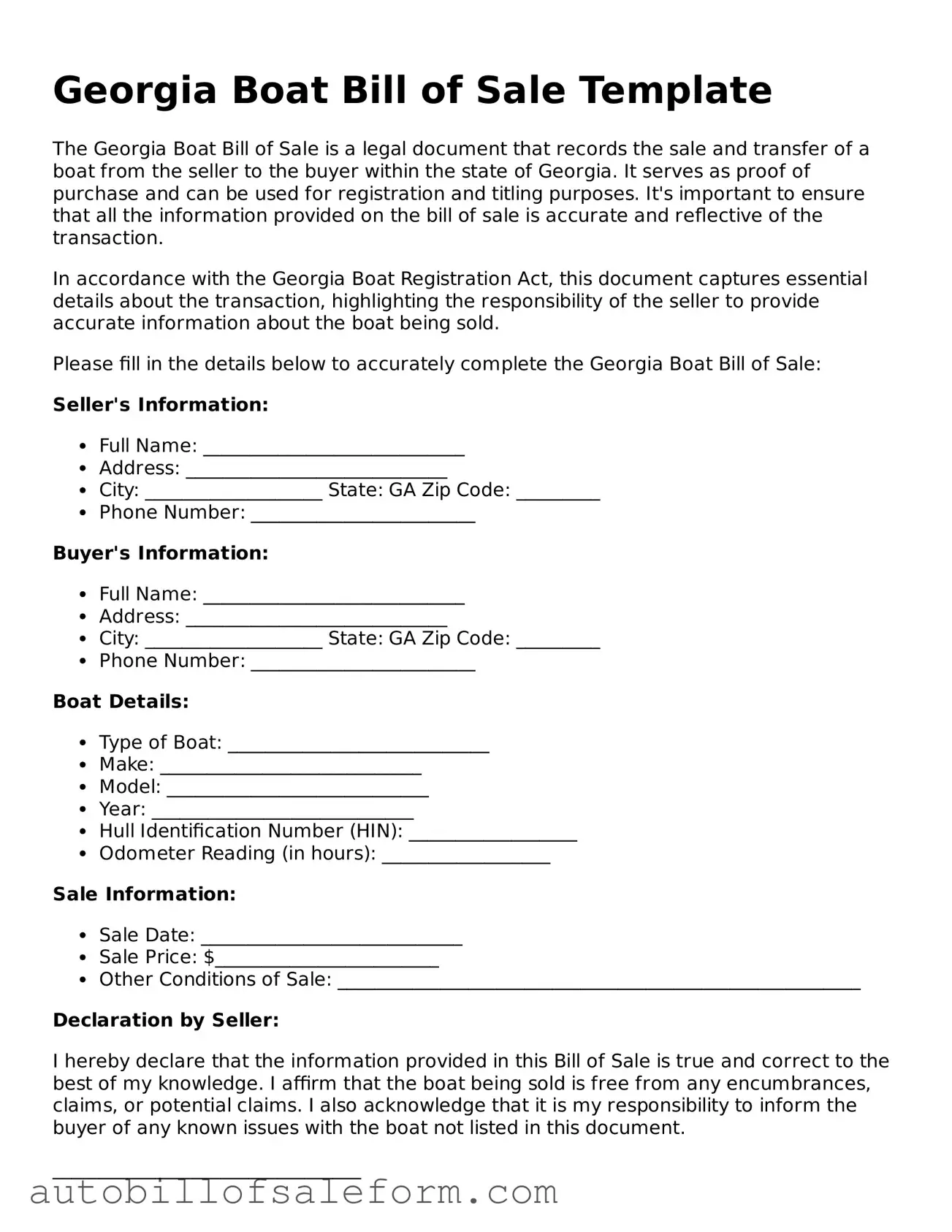 Free  Boat Bill of Sale Template for Georgia