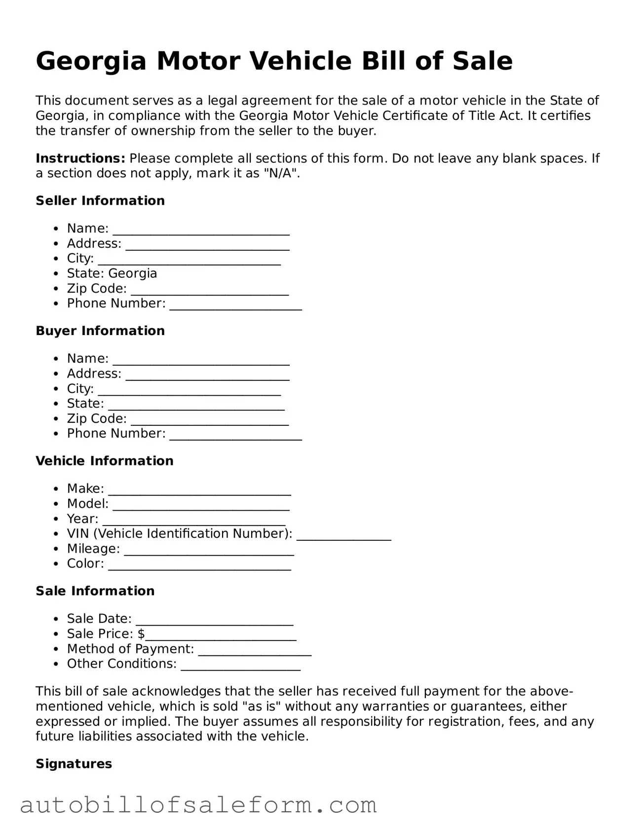 Free  Motor Vehicle Bill of Sale Template for Georgia