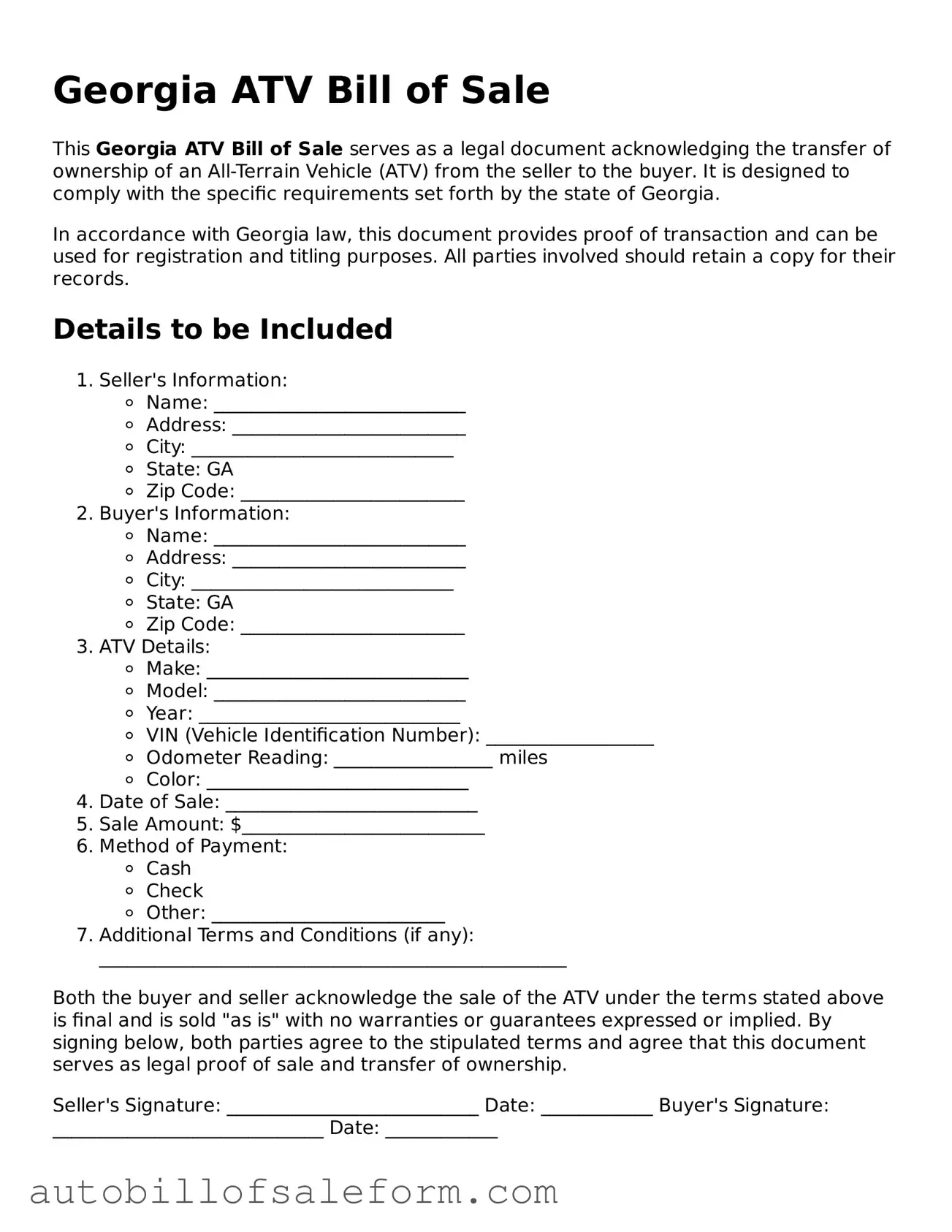 Free  ATV Bill of Sale Template for Georgia