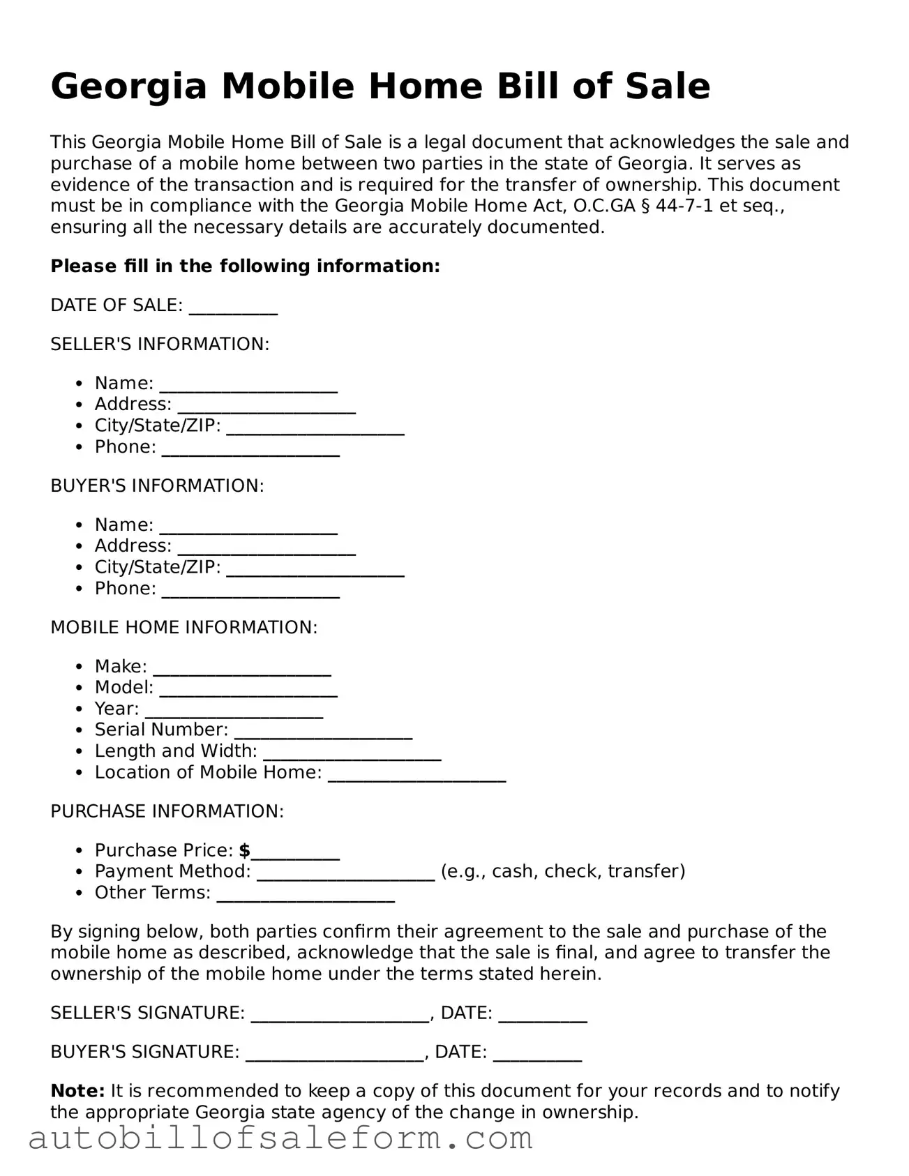 Free  Mobile Home Bill of Sale Template for Georgia