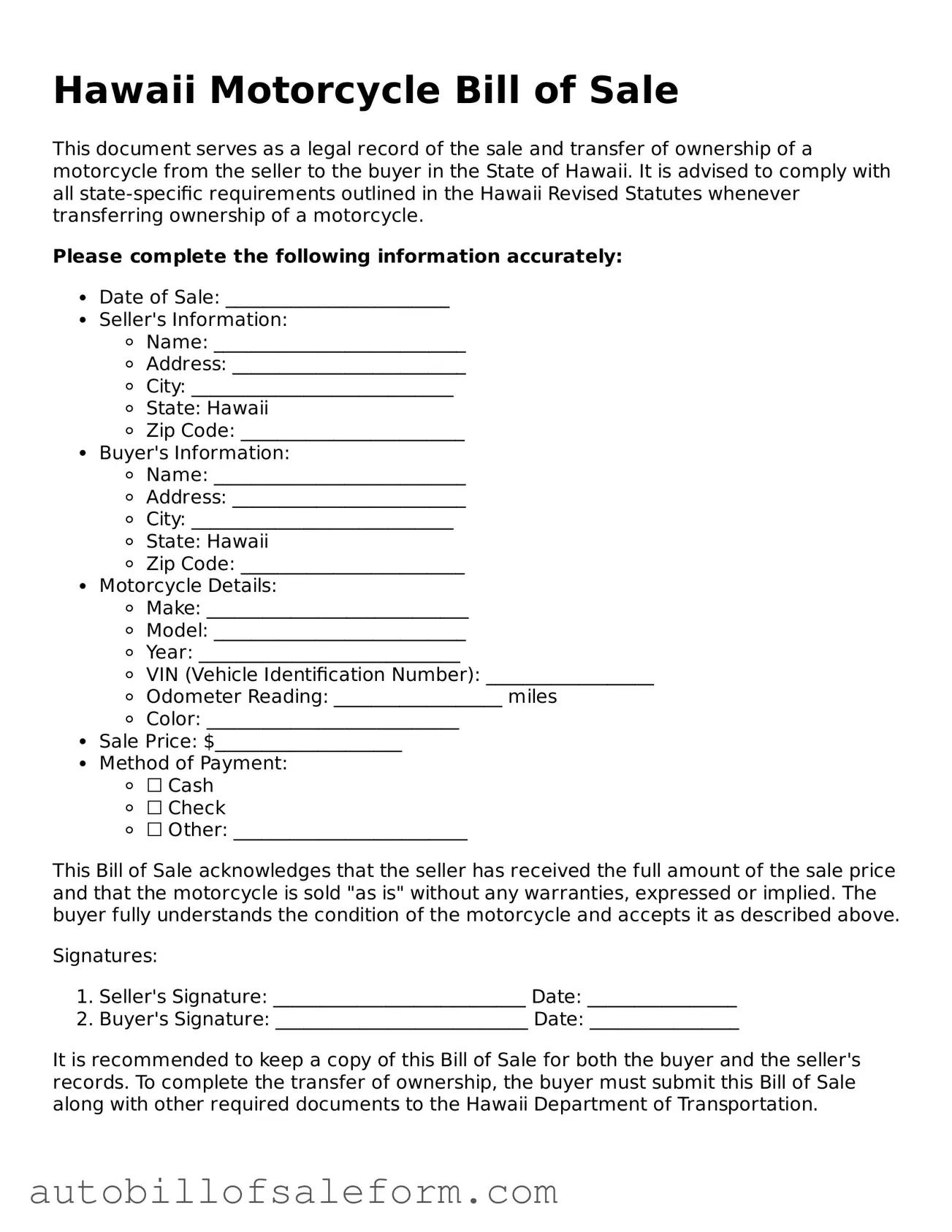 Free  Motorcycle Bill of Sale Template for Hawaii