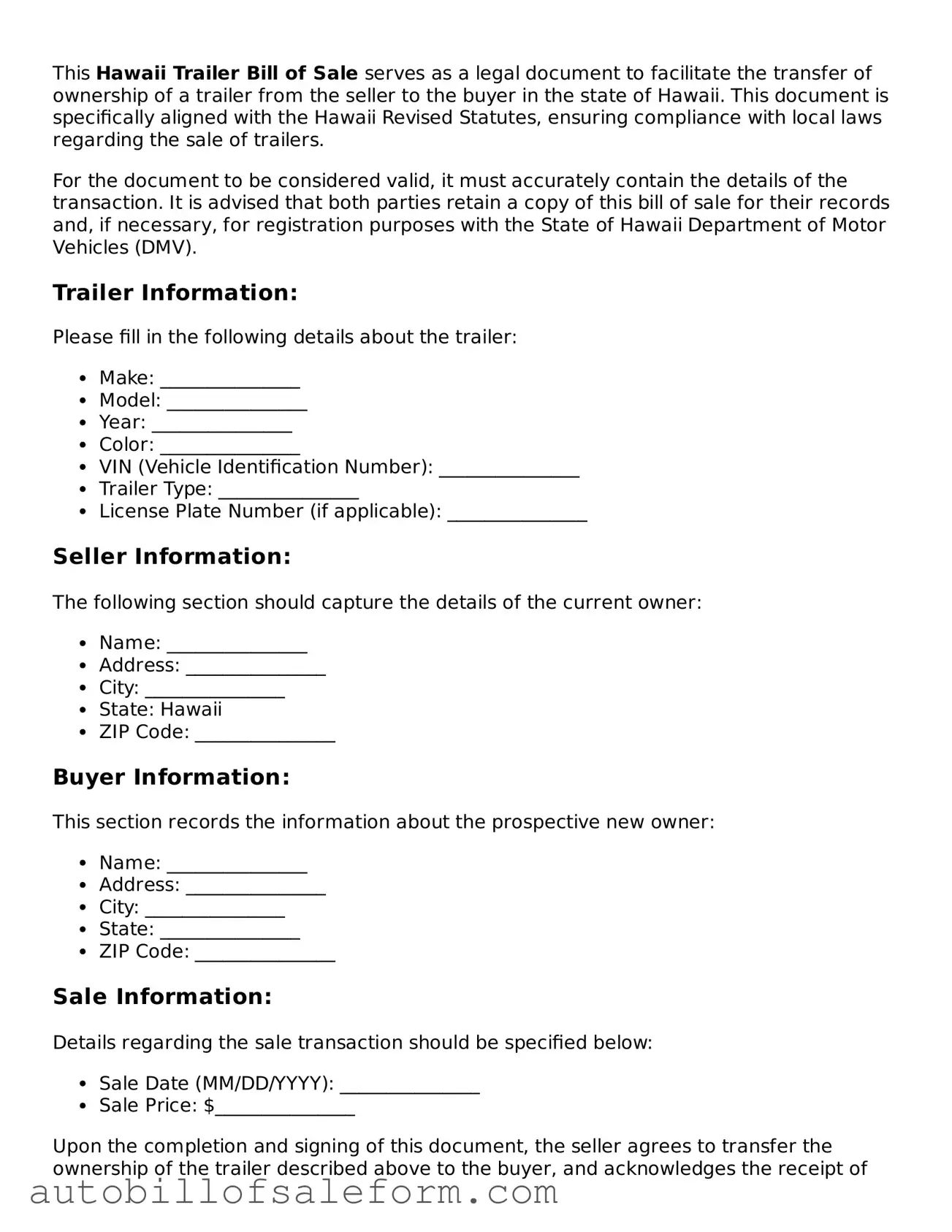 Free  Trailer Bill of Sale Template for Hawaii