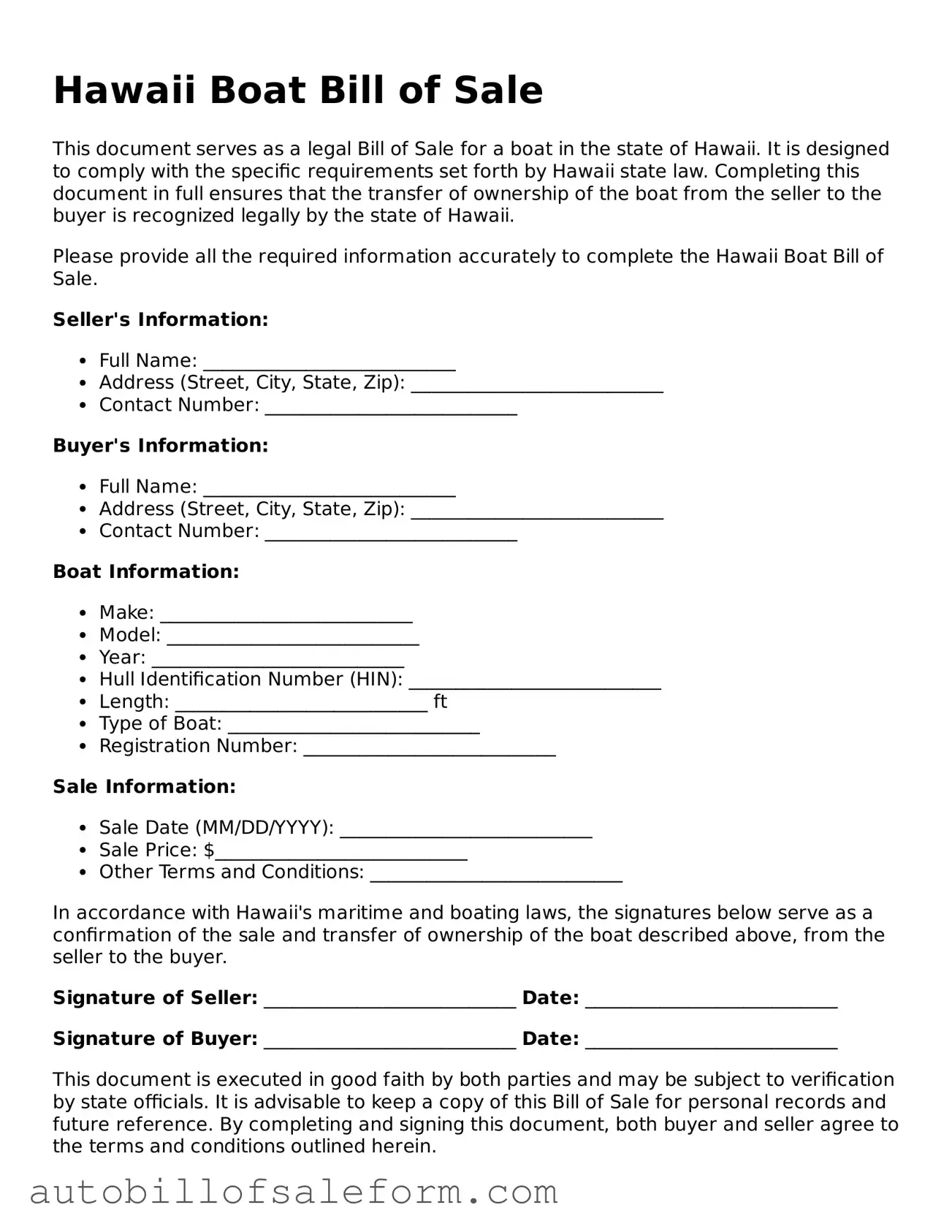 Free  Boat Bill of Sale Template for Hawaii