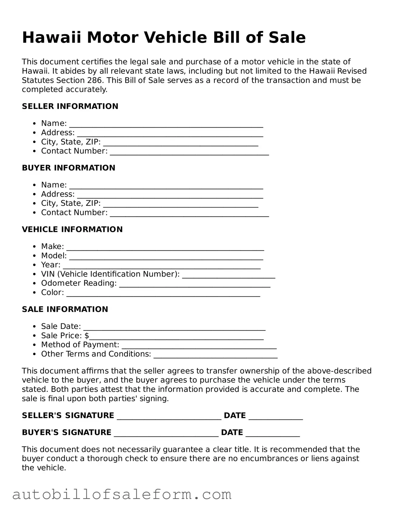 Free  Motor Vehicle Bill of Sale Template for Hawaii