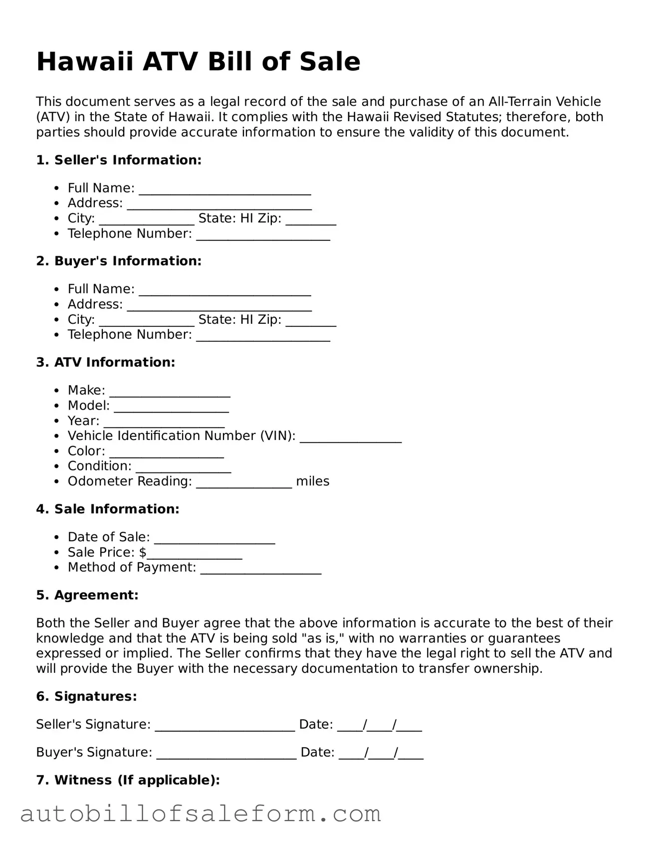 Free  ATV Bill of Sale Template for Hawaii