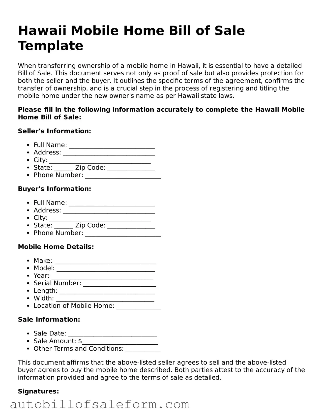 Free  Mobile Home Bill of Sale Template for Hawaii