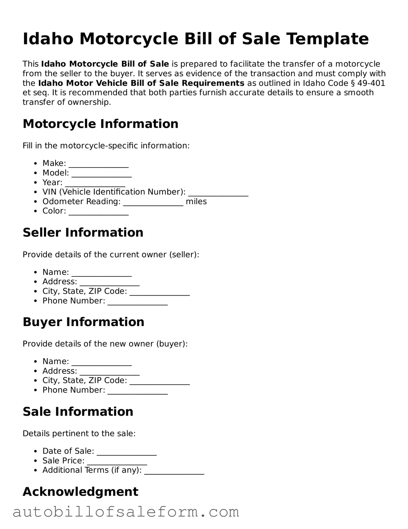 Free  Motorcycle Bill of Sale Template for Idaho
