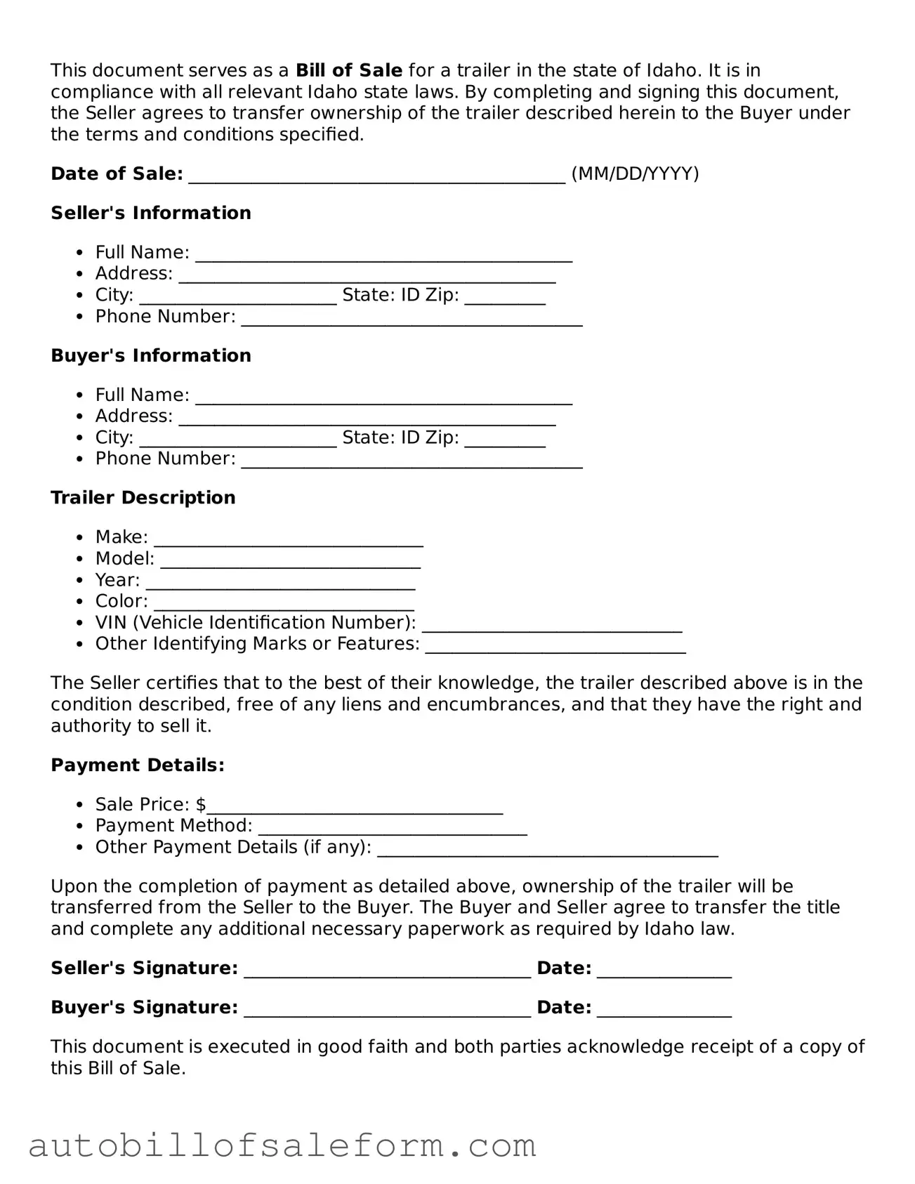 Free  Trailer Bill of Sale Template for Idaho
