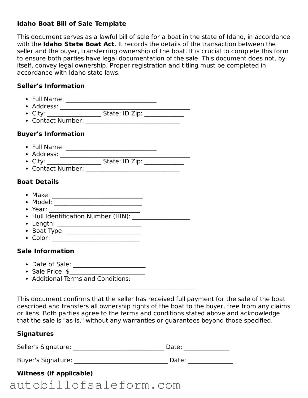 Free  Boat Bill of Sale Template for Idaho